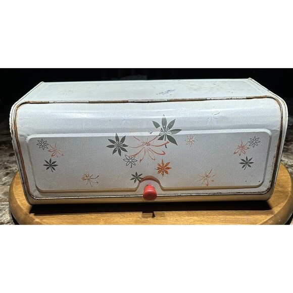 Vintage DecoWare Metal Tin Bread Box Orange Green White Floral Hinged 1950s - Picture 1 of 14